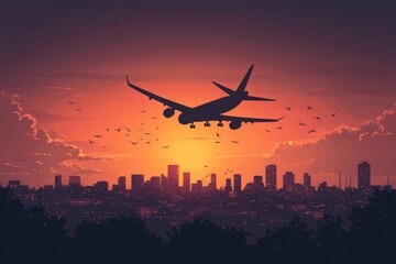 flat illustration of an airplane soaring above a silhouette cityscape with a vibrant orange gradient sky, Generative AI