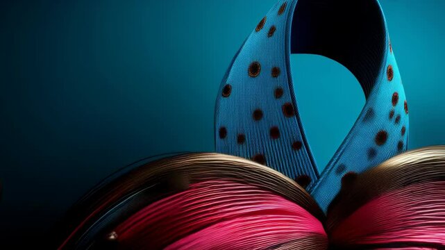 Artistic rendition featuring a pink and brown mustache design alongside a blue ribbon adorned with brown circular patterns