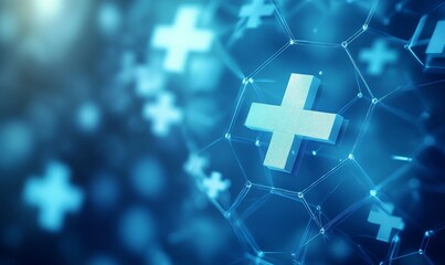 dynamic medical design featuring geometric patterns of hexagons and connecting nodes in shades of blue, Generative AI