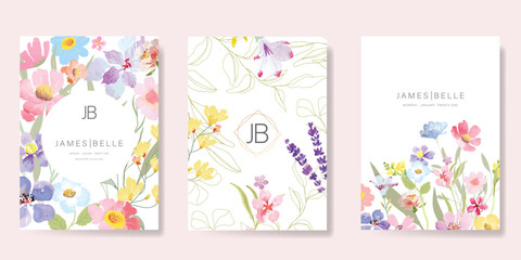 Elegant wedding invitation card background vector. Minimal hand painted watercolor botanical flowers texture template background. Design illustration for wedding, vip cover, poster, rsvp modern card.