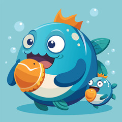 Colorful bubble fish character logo illustration featuring happy fish enjoying a shell in a whimsical underwater world