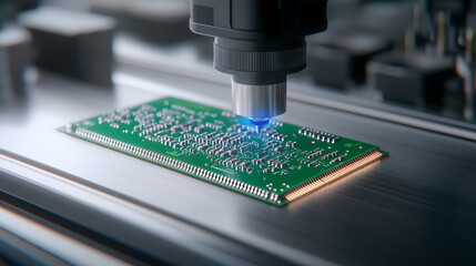 Precision automated electronic circuit board inspection. Manufacturing quality control. Hi-tech components being tested in the modern factory.