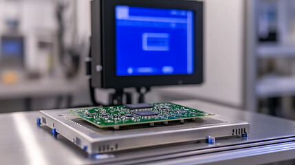 Printed circuit board inspection with automated testing and verification for quality assurance on factory equipment, blue display monitors test results.