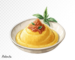 Soft polenta with herbs and cheese in a creamy watercolor style, perfect for cozy and comforting Italian side dishes. Vector illustration