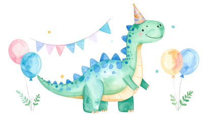 Obraz premium Adorable plush dinosaur character cute birthday celebration studio environment playful viewpoint isolated on solid white background 
