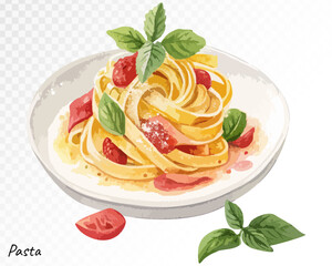 Classic Italian pasta with tomato and basil in watercolor, painted in warm tones and highlighting cozy homemade lunch vibes. Vector illustration
