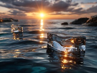 Ice Cubes in Sunset Sea: Two pristine ice cubes float serenely on the surface of a calm sea, illuminated by the vibrant hues of a breathtaking sunset.