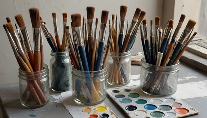 Jars of Artist Paintbrushes and Watercolors in a Well-Lit Art Studio