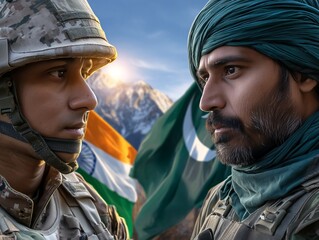 Divided Lines: Two soldiers face each other, representing the complex dynamics of conflict, with the backdrop of flags symbolizing opposing nations and mountain hinting at geographic tensions.