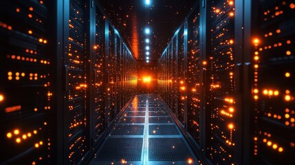 Server room corridor with glowing technology, futuristic data center