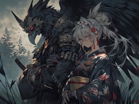 Anime fantasy illustration of samurai and female ninja with wings, traditional armor and kimono.