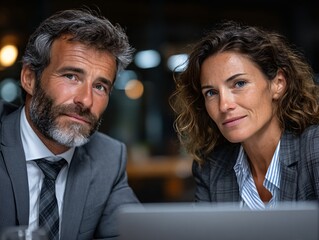 Focused Executives: Portrait of a composed male and female executive team in a professional setting, exuding confidence.