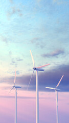 Vertical scene of three wind turbines standing tall and rotating against sky during dusk with copy space in 3D rendering. Concept of sustainability, clean energy, and environmental awareness