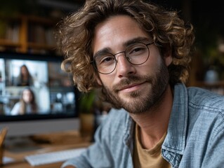 Connected Communication: A focused man with eyeglasses actively participates in a video conference, displaying a close-up view and a confident demeanor, connecting globally.