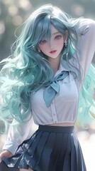 Young girl with aqua hair, purple eyes, white shirt, blue skirt, gold earrings, looking at viewer, relaxed stylish pose, anime portrait