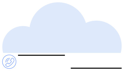Blue cloud in a flat design style above a phone call icon and abstract horizontal lines. Ideal for cloud services, telecom, VoIP, connectivity, remote work, networking, and digital transformation