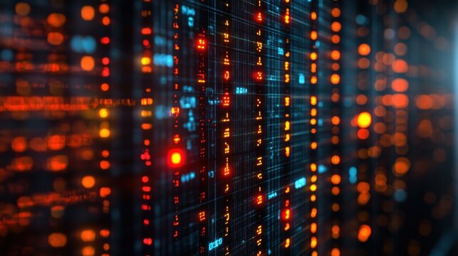 Server room data flow with glowing lights and code