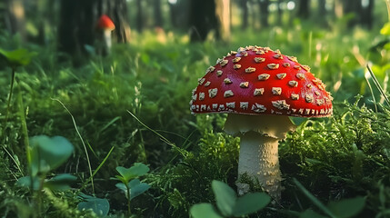 Bright red fly agaric against the background of green grass in the forest close-up