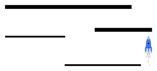 Blue rocket launching with white trail alongside horizontal black lines evoking progress, speed. Ideal for innovation, startup growth, success, exploration, technology, launch, simple landing page
