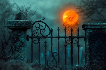 Old iron gate leading to a night cemetery with ghostly graves and an eerie moon