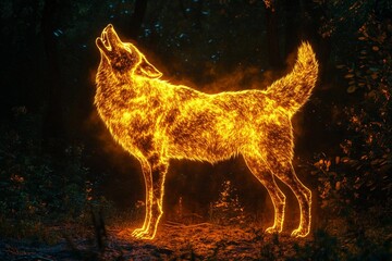 Massive glowing wolf howling into the night under a starry sky, surrounded by trees and foliage