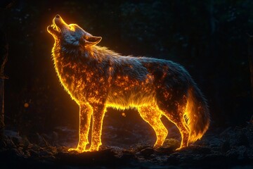 Massive glowing wolf howling into the night under a starry sky, surrounded by trees and foliage