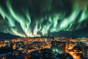 Aurora-like phenomenon illuminates city skyline with vibrant lights against a darkening twilight backdrop