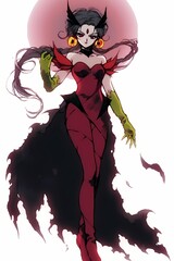 Anime illustration of a mysterious woman with red eyes in a vibrant red dress against a white background.