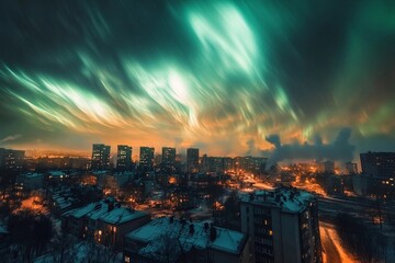 Aurora-like phenomenon illuminates city skyline with vibrant lights against a darkening twilight backdrop