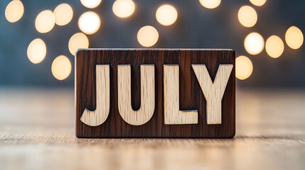 Wooden block artfully displays "JULY", set against a bokeh background, evokes a summer vibe, reminding of warmth, vacations, and vibrant experiences.