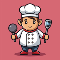 Cheerful cartoon chef ready to cook in a vibrant kitchen environment holding a spatula and a ladle with a friendly smile and stylish uniform