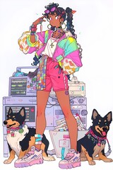 Anime illustration of confident young woman with two dogs in workspace, everyday life.