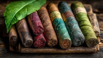 Hand-rolled cigars showcasing rich shades of Nicotiana rustica leaves on wooden surface