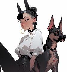 Anime character with dog ears sitting next to Doberman dog, white background.