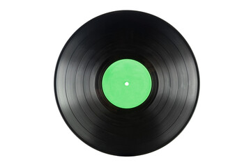 Vinyl record with green label, isolated on transparent background. PNG Image.