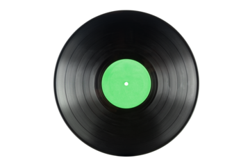 Vinyl record with green label, isolated on transparent background. PNG Image.
