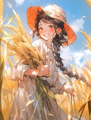 Young girl in wheat field illustration