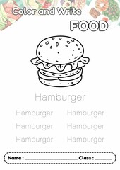 A-Z Category Food, Dotted line letter writing HAMBURGER and coloring, Alphabet trace and worksheet for kids.