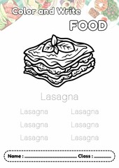 A-Z Category Food, Dotted line letter writing LASAGNA and coloring, Alphabet trace and worksheet for kids.