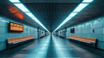 Modern empty metro station with orange seats and neon lighting - Powered by Adobe