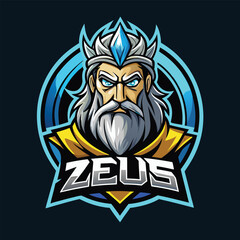 Obraz premium Detailed zeus mascot esport logo design featuring a striking character with blue accents and bold typography, perfect for gaming teams and events