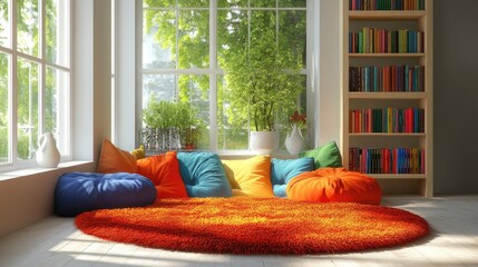 Colorful living room with plush seating and large window.