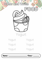 A-Z Category Food, Dotted line letter writing YOGURT and coloring, Alphabet trace and worksheet for kids.