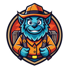 Exploring the outdoors with a vibrant traveler mascot logo featuring a cheerful blue character in a bright orange outfit and backpack set against a bold backdrop