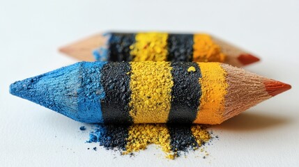 Sharpened colored pencils with shavings on white background