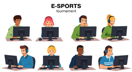 Flat vector illustration of a cyber e-sport tournament with competitive gamer teams in headsets playing multiplayer video games at computers during a professional digital championship.