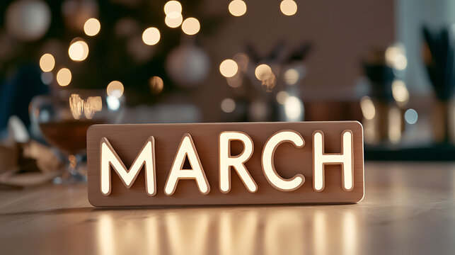 Illuminated "MARCH" on table, blurred background with soft lights, creating a cozy and festive atmosphere. Signifies the arrival of spring.