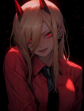 Anime fantasy character illustration, figure with red eyes, red horns, red shirt, dark background, subtle glow, mysterious vibe.