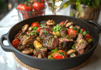 Photo of a delicious meal of cooked meat and vegetables served in a rustic black skillet