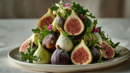 Fresh figs arranged in a pyramid with a salad on a white plate beside them